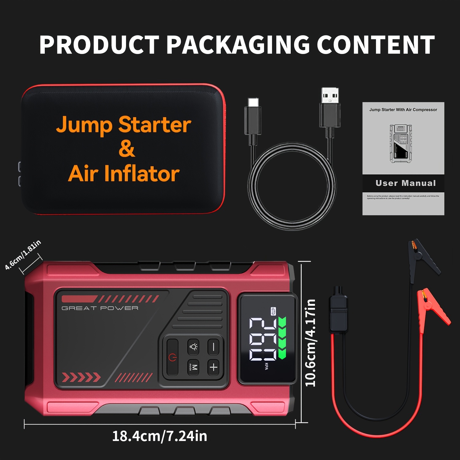 portable car air compressor jump starter with led emergency light 3000a peak power 12v for gas diesel engines usb digital tire inflator red insulated material fast charging car accessories tools vehicle accessory insulated body details 6