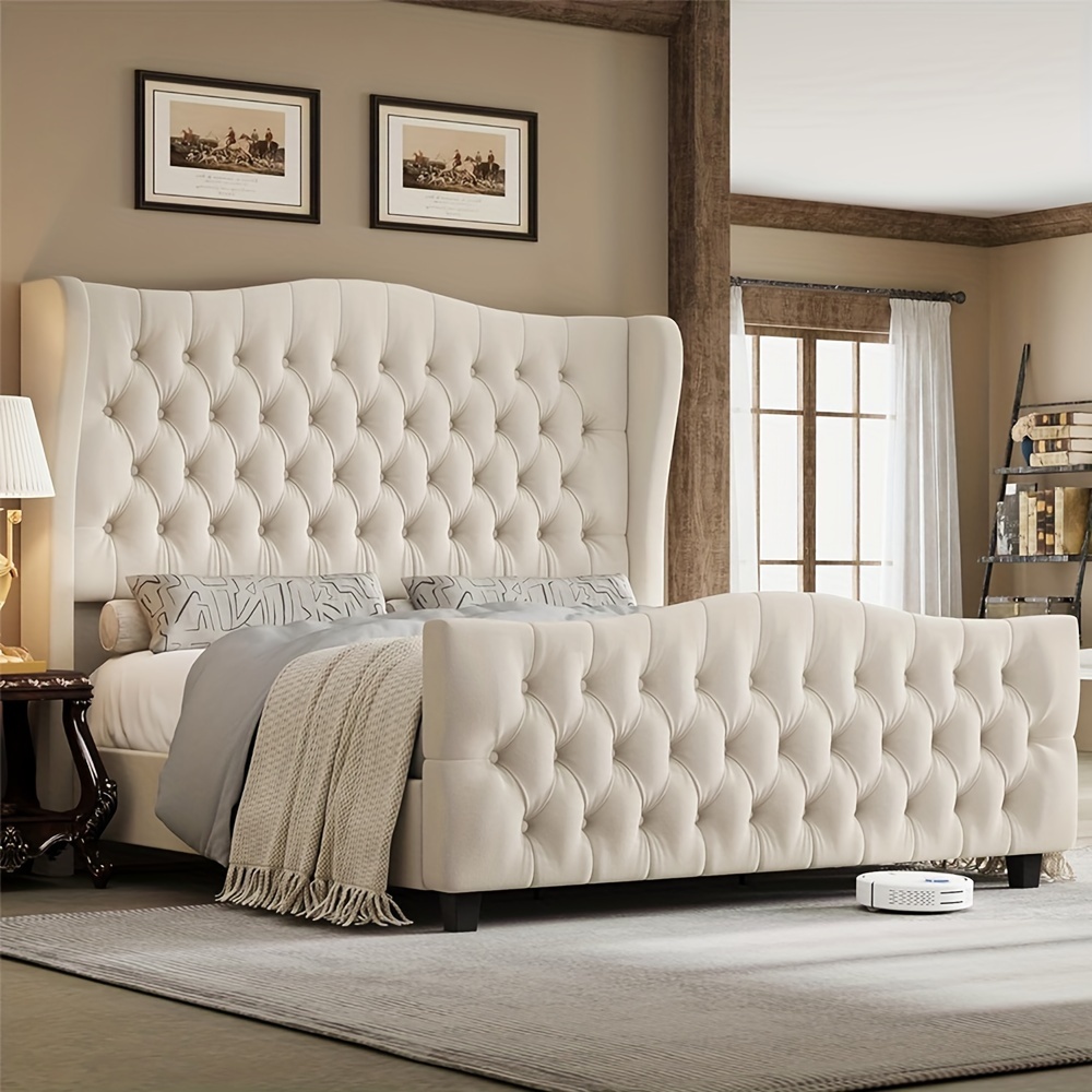 

Full/queen/king 54.3" Tall Bed Frame With Wingback Headboard, Velvet Upholstered Platform Bed With Deep Button Tufted Headboard And Footboard, No Box Spring Needed, Beige