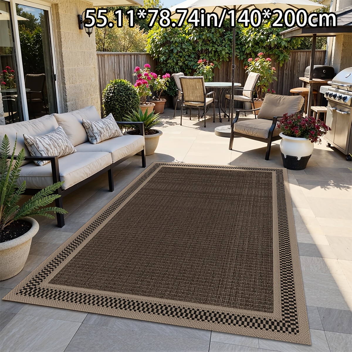 TEMU The Outdoor Rug Features A Brown Striped Border Design, Making It A Versatile Decorative Piece That Outdoor Styles. Used As A Patio Rug,