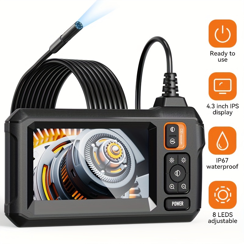 

1pc Ip67 Endoscope , 4.3" Ips Lcd, 8mm , 36v Max, Rechargeable 2000mah Battery, Usb/, 1080p Hd For Auto & Inspection