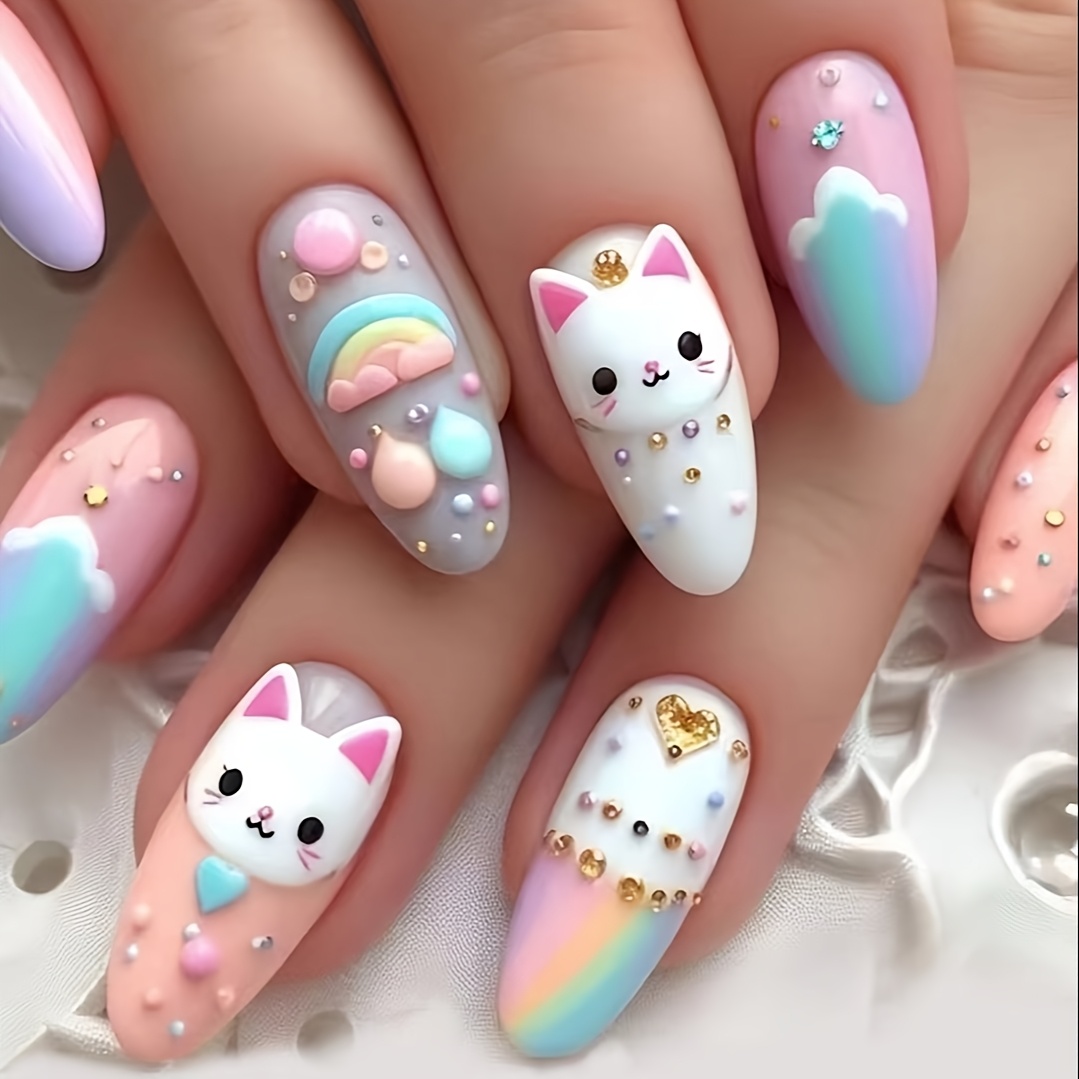 

A Set Of 24 -shaped Fake Nails, Cute Cartoon Rainbow Clouds And Kittens, , Suitable For And Girls. The Box Comes With Nail Rub And Jelly Glue For Easy Application