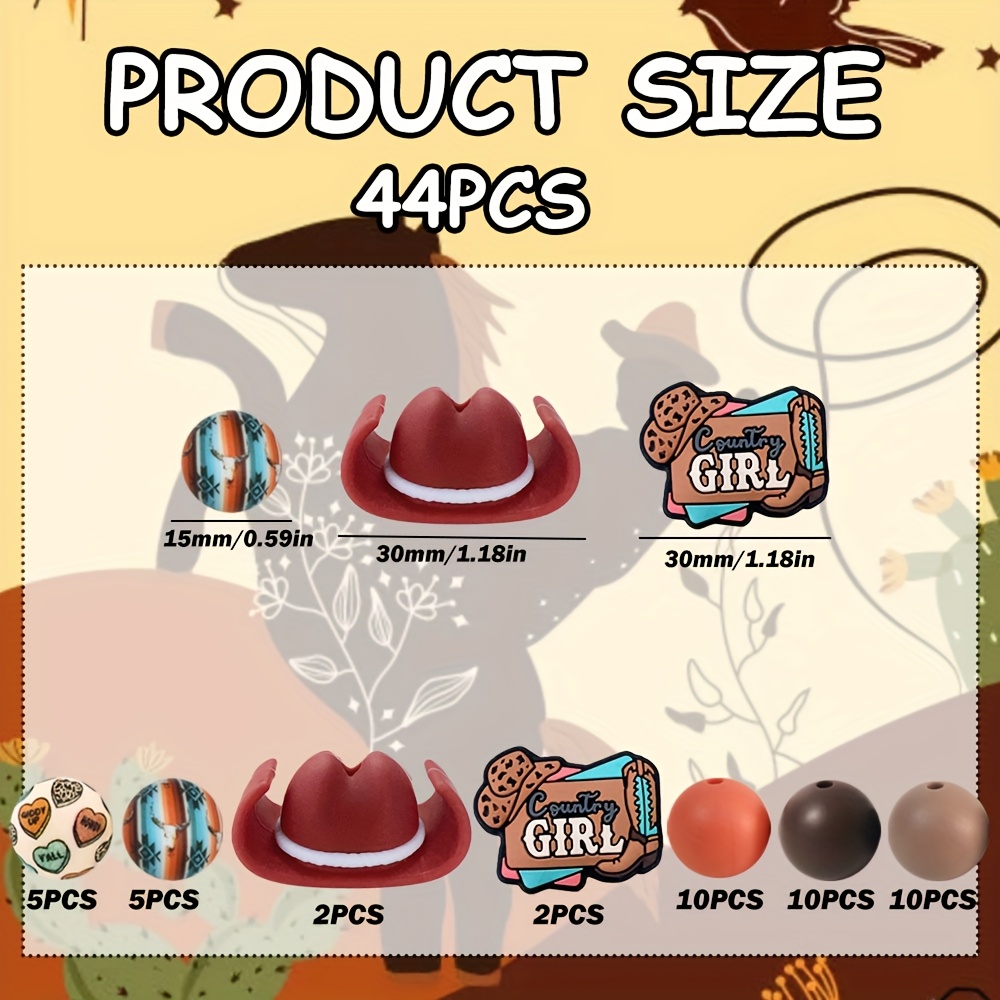 TEMU 44 pièces de perles en style cowboy western, kit de fabrication de bijoux, perles rondes en imprimées vintage pour DIY, bracelets, porte-clés et
