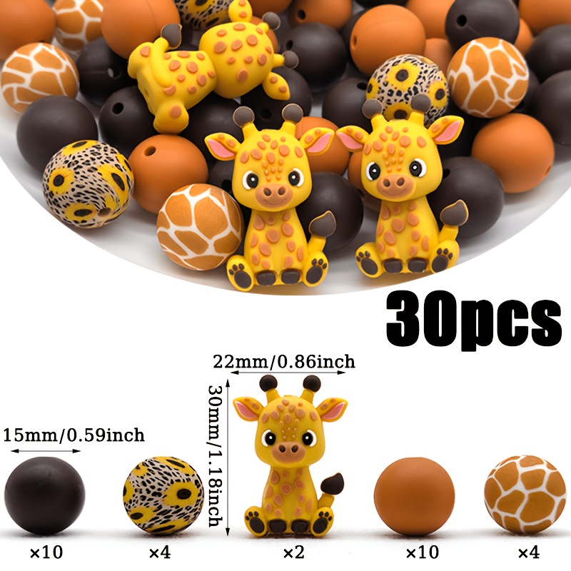 TEMU 30pcs Silicone Beads, Giraffe Design In Brown Tones, With Loose Printed Round Spacer Beads With Holes. Suitable For Enthusiasts To Make
