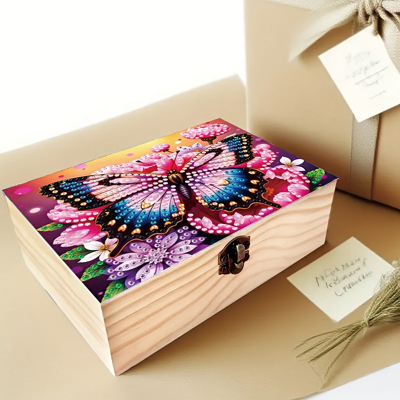 TEMU 1pc Diamond Painting Art Set Diy Handcraft And Floral Pattern With Wooden Box Multi-functional Small Item Storage Box Jewelry Box Mosaic Craft