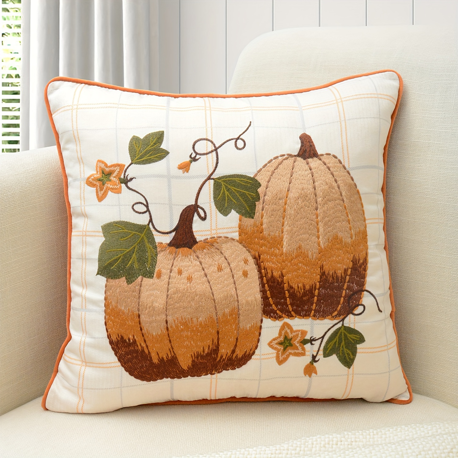 

Thanksgiving Harvest Pumpkin Embroidered Throw Pillow Cover, 17.7" Square, Zip Closure, Machine Washable, Perfect For Sofa & Bedroom Decor