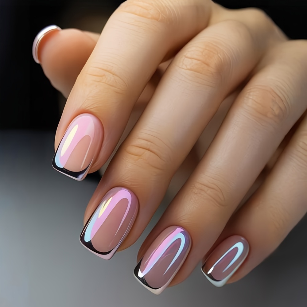 TEMU 24pcs 24pcs Hand Press On Nails Suitable For Women & - Sheer Nude Pink Iridescent Electroplated French False Nails, Medium Square Reusable