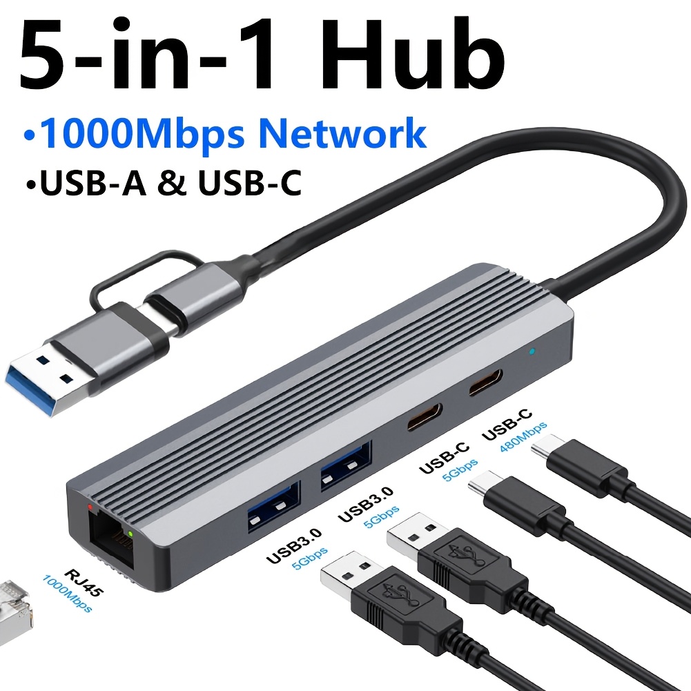 item picture 5 in 1 usb hub with gigabit lan featuring a dual usb a usb c interface 1000mbps rj45 two usb 3 0 ports at 5  one usb c port at 5  one usb c port at 2 0 made of aluminum alloy plug and play compatible with laptops pcs and macbooks