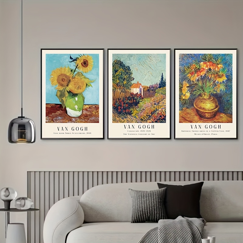 TEMU 3pcs Frameless Print Series Canvas Art - Vintage Abstract Wall Decor For Living Room, Bedroom, Home - Sunflowers, , And Starry Night - Easy To