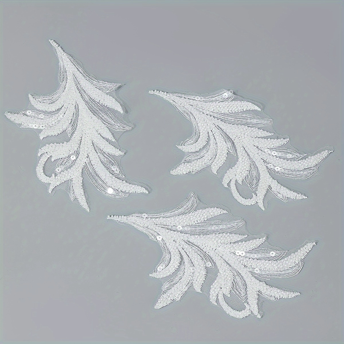Image of Set Of 3 White Organza Sequined Embroidered Patches, Polyester Tube Bead Embroidery For Wedding Dresses And Headscarves, Decorative Additions