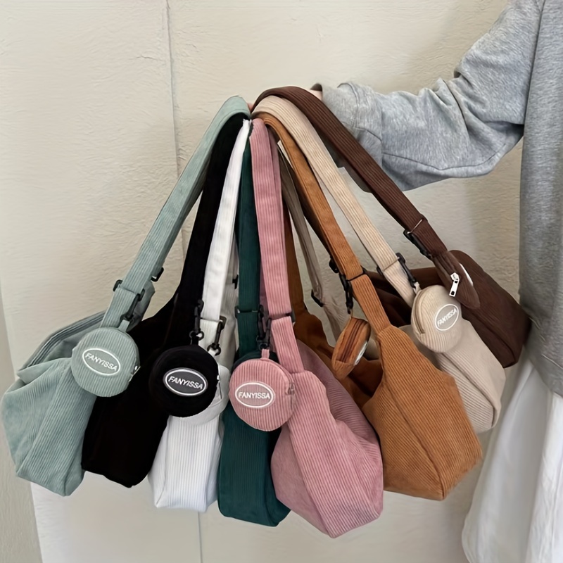 

2 Pcs Corduroy Handbag Set, Large Capacity Hobo Bag With Round Coin Purse, Women's Trendy Crossbody Bag