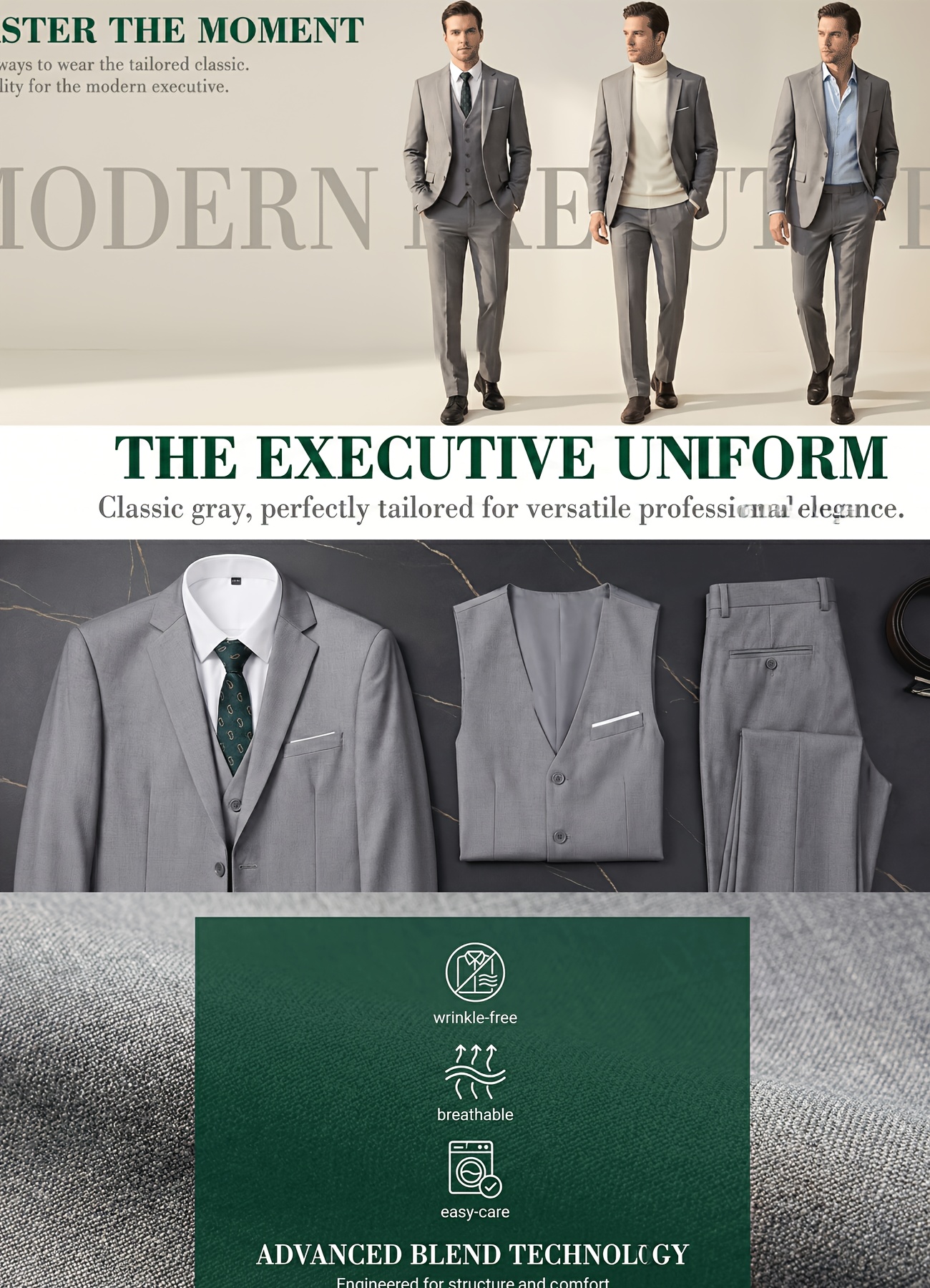 Ensemble 3 pièces pour homme, Veste de costume + Gilet + Pantalon de costume, Élégant et de haute qualité, Idéal pour mariages, fêtes ou événements formels (Pochoir gratuit avec motif aléatoire)