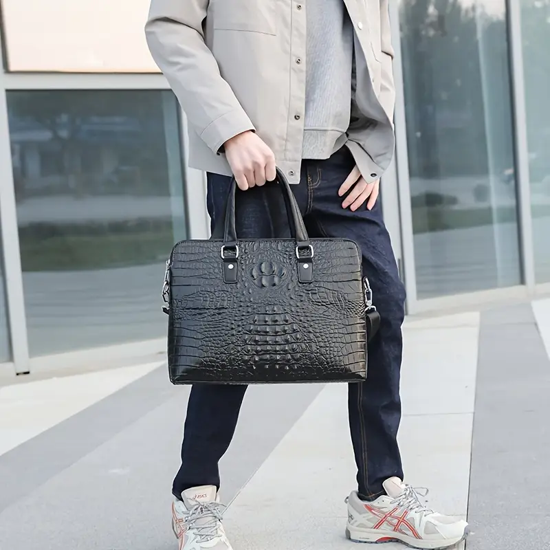 mens cowhide leather briefcase large capacity business crossbody bag with adjustable shoulder strap crocodile embossed texture zipper closure for work travel commuting Product details 0