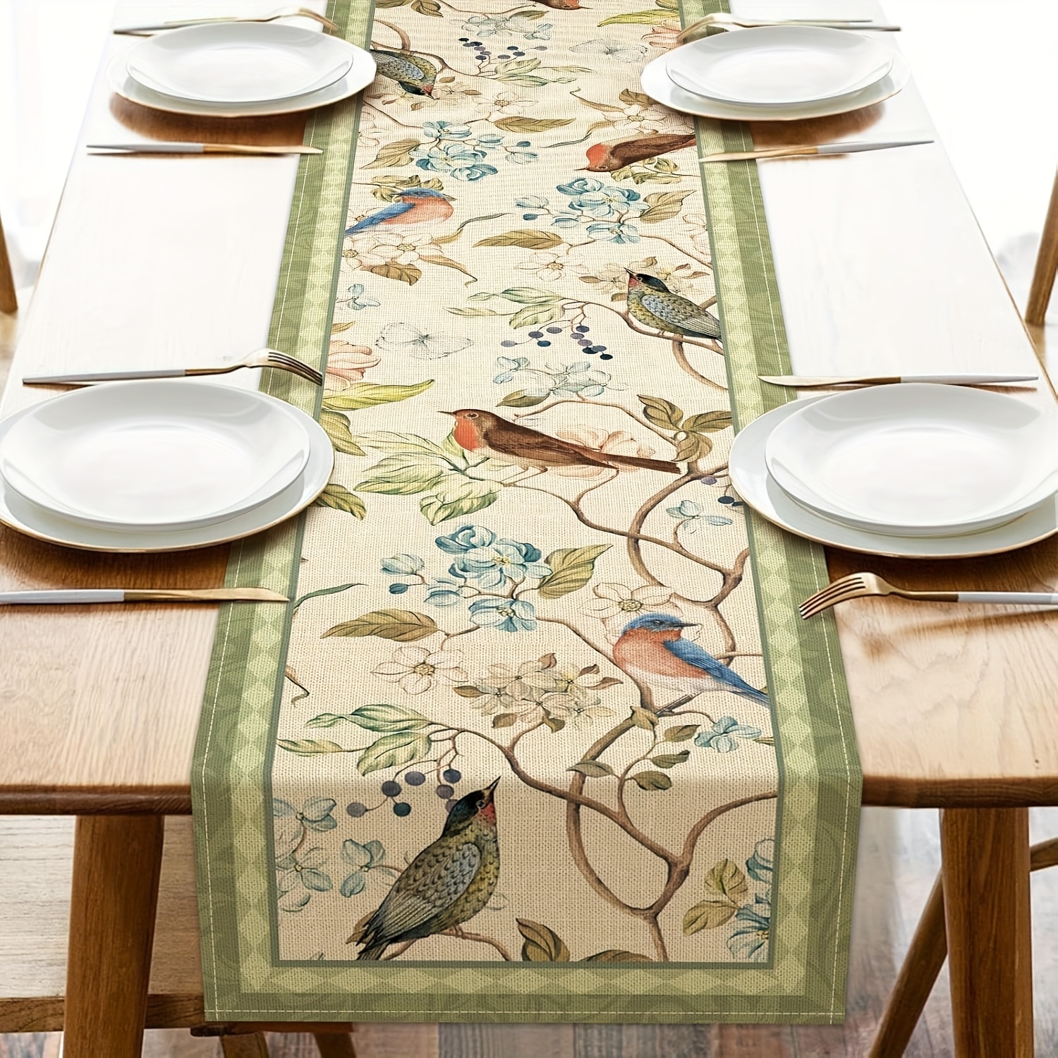 TEMU 1pc, Vintage Flower Birds Dining Table Runner, Green Elegant Floral Bluebird Robin Kitchen Decoration, Spring Summer Farmhouse Retro Indoor