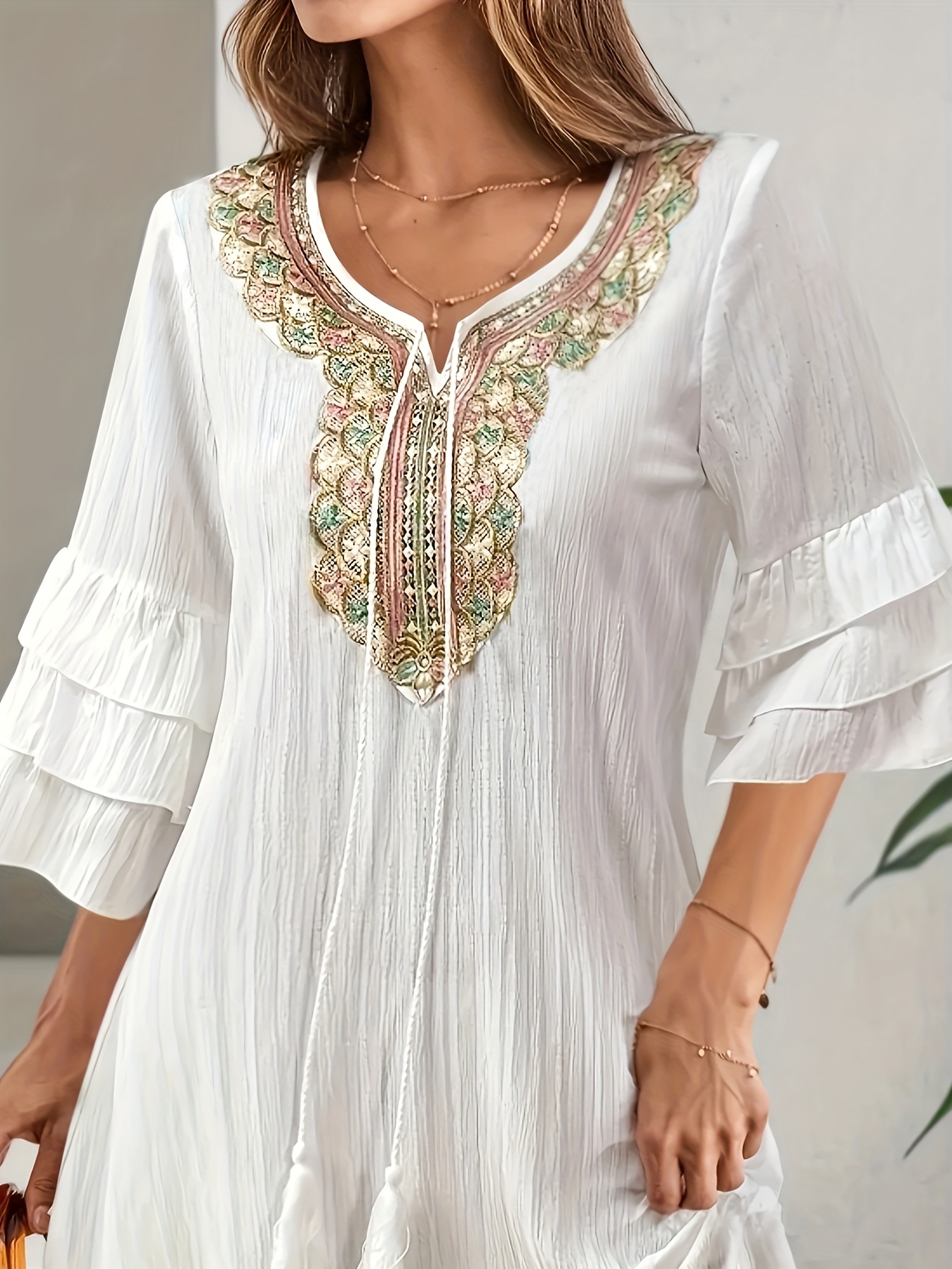 women' floral embroidered v neck dress tassel detail Temu Mauritius