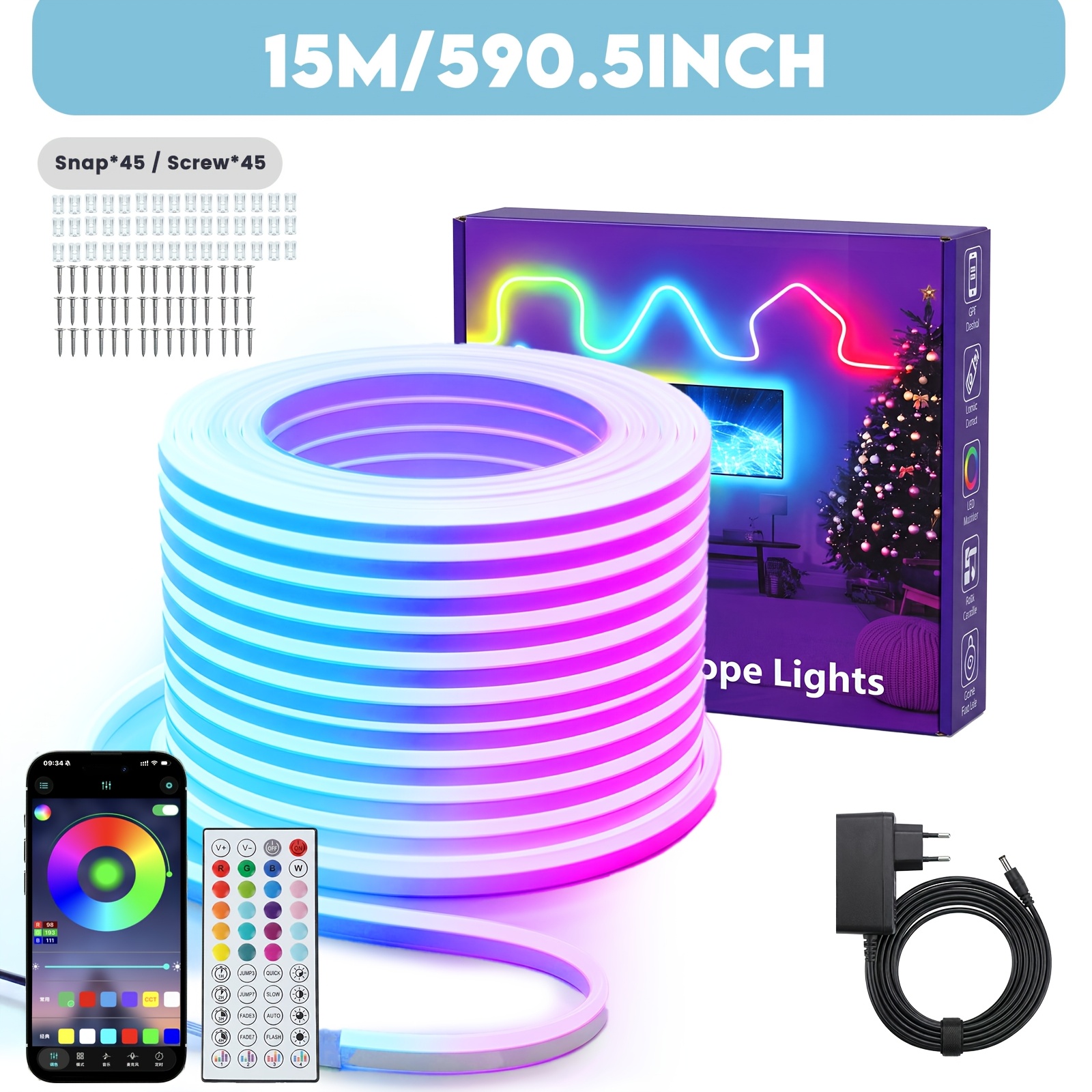 TEMU Tira de luz de neón RGB, tira LED de neón RGB de 40m/30m/20m/15m/10m/5m/2m con control remoto de 44 teclas, color ajustable, control por