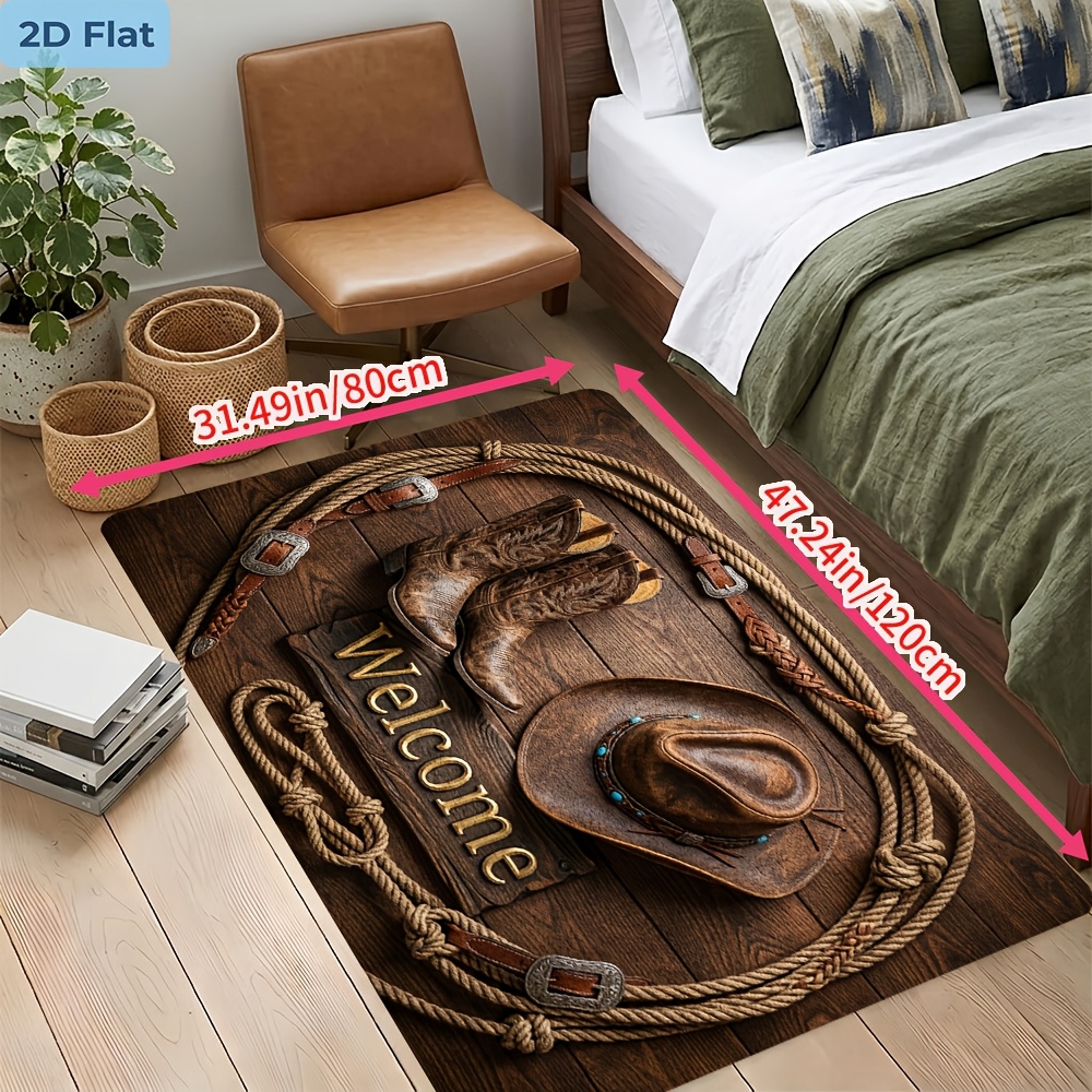 TEMU 2d Flat Western Cowboy Boots And Cowboy Hat Pattern Doormat Rug, 850g/ã¡ Velvet With Dot Plastic Backing, Style, For