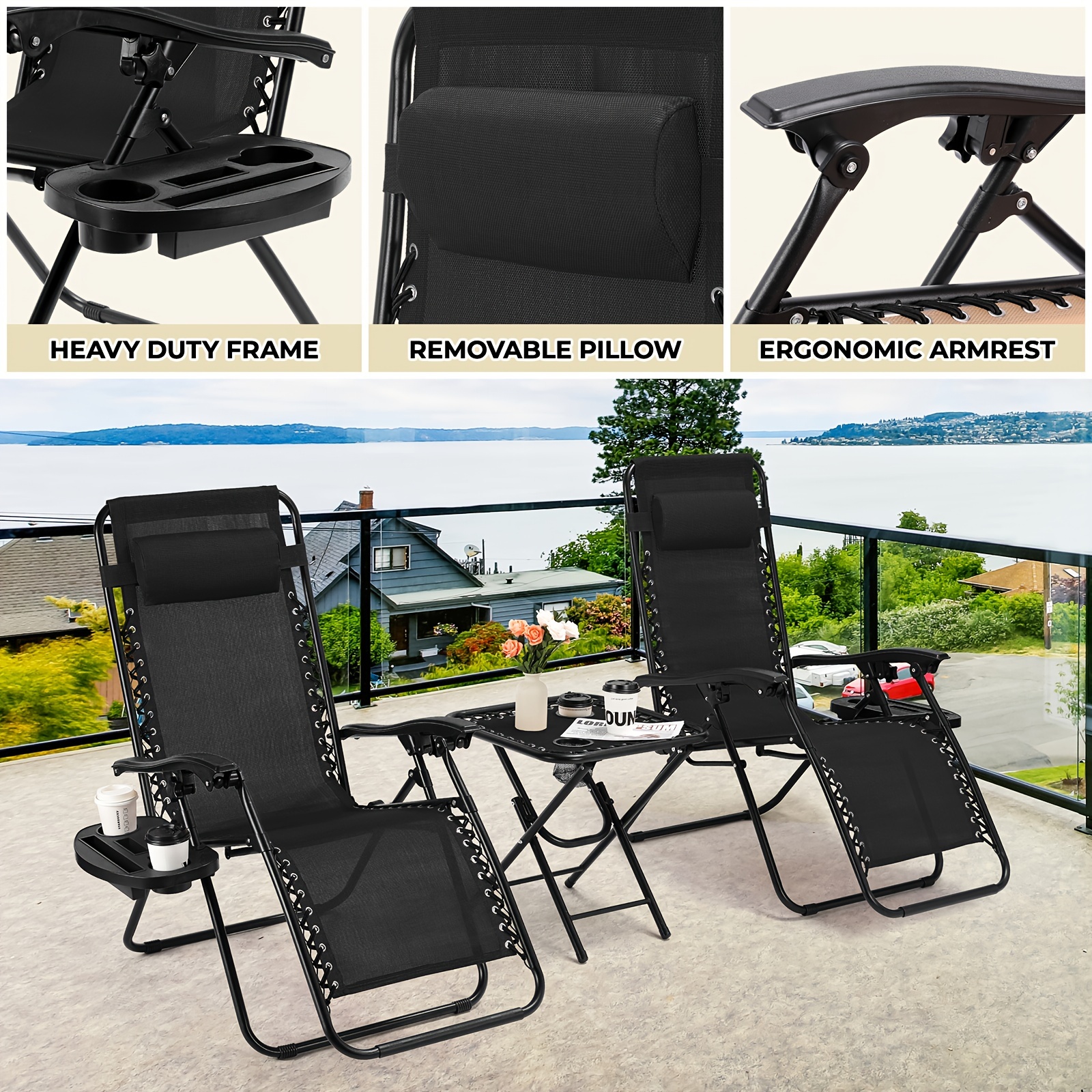 Chaise pliante avec table, chaise longue avec table de côté, chaise de pont avec dossier réglable, chaise de jardin avec porte-gobelet, chaise de jardin respirante, chaise de plage, noir, 2 chaises + 1 table