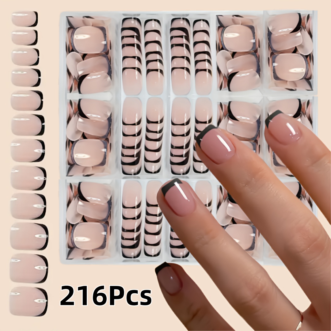 216pcs Short Square Press-on Nails, Black French Tip Soft Gel Nail Tips, 3-in-1 Coating Nail Tip Primer & Base Coat, 12 Sizes For Diy Durable Wearable Nails