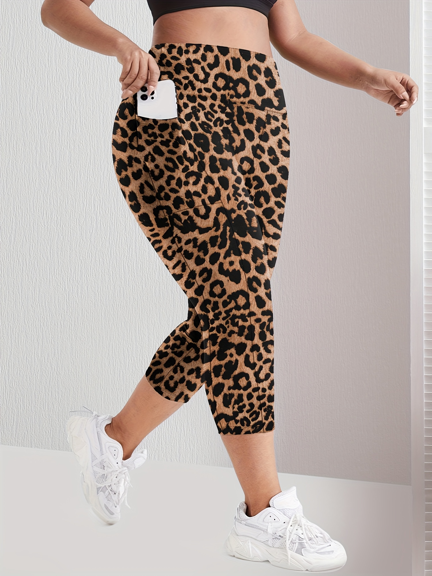 Plus Size High-Waisted Leopard Print Capri Pants with Side Pocket - Stretchy Casual Skinny Jeans for Spring/Summer/Fall, Casual Wear|Leopard Print Pants|Stretchy Fabric