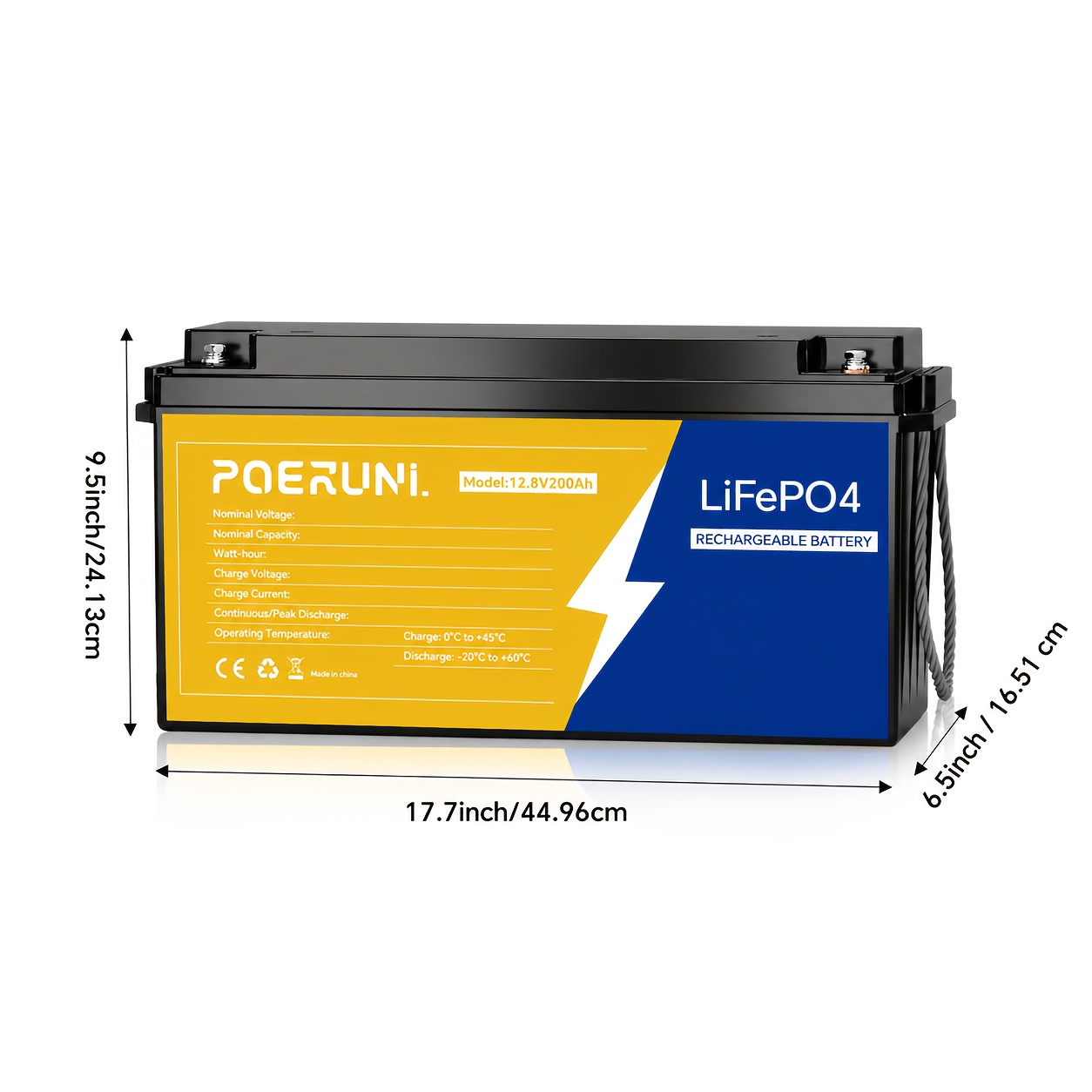 TEMU Poeruni. 12v 200ah Lifepo4 Battery, 2560wh 12.8v Lithium Battery With 200a Bms, Supports Up To 4p4s 40.96kwh Solar Bank, Sla Replacement For 24v