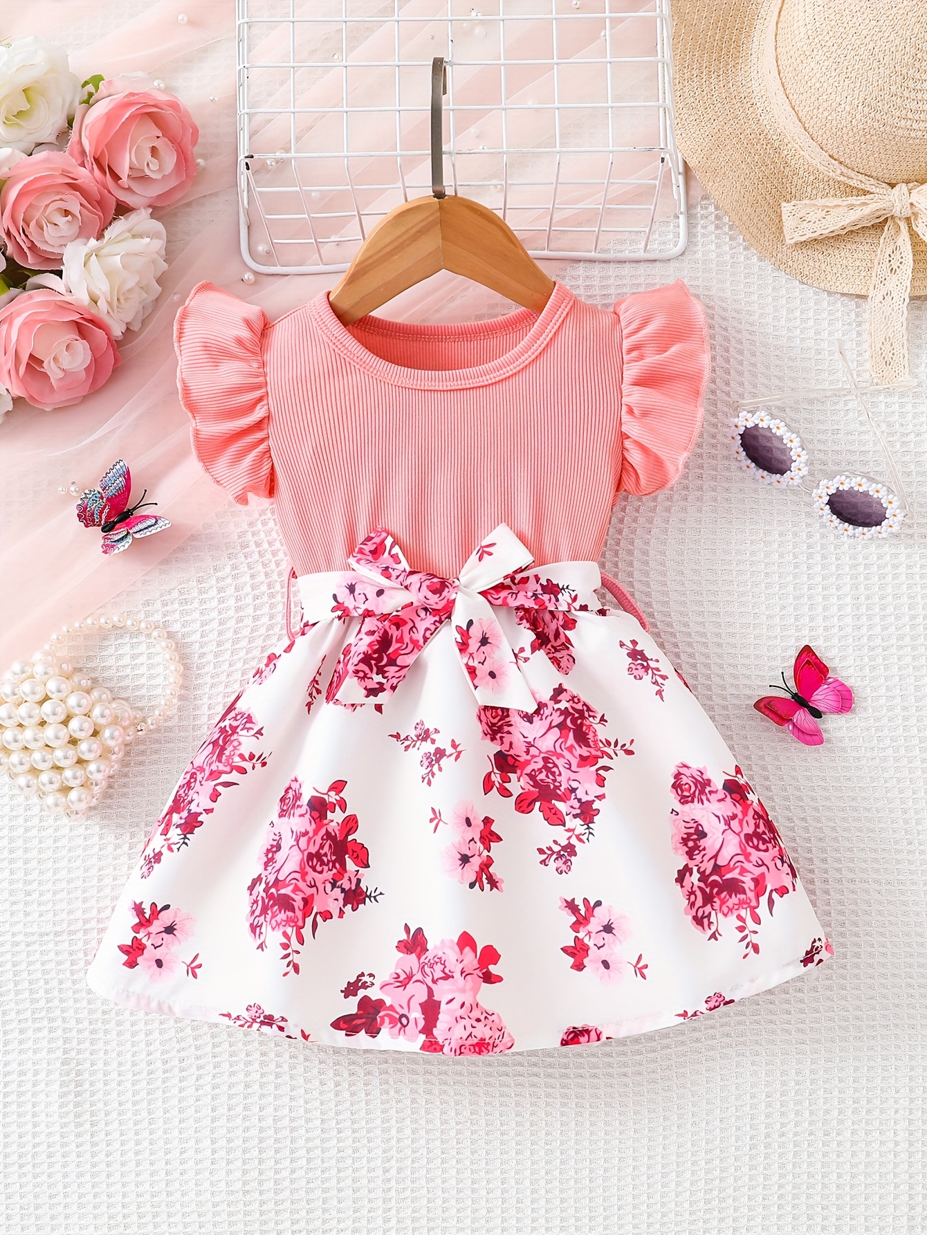 Girls' Summer Dress with Pink Ribbed Trim Floral Print Short Sleeve  Round Neck Casual Outfit for Toddlers and Preschoolers, Dress Up Clothes  for L