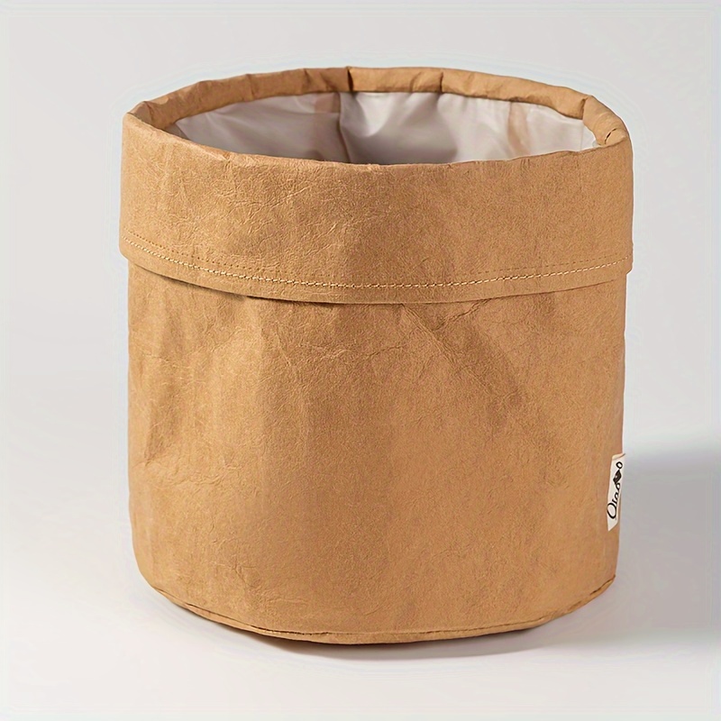

1pc Washable Kraft Paper Storage Bag, Double-layer Durable Bin, Modern Round Basket For Desk Organization, Cosmetics/fruit/vegetable Holder, Home Decor