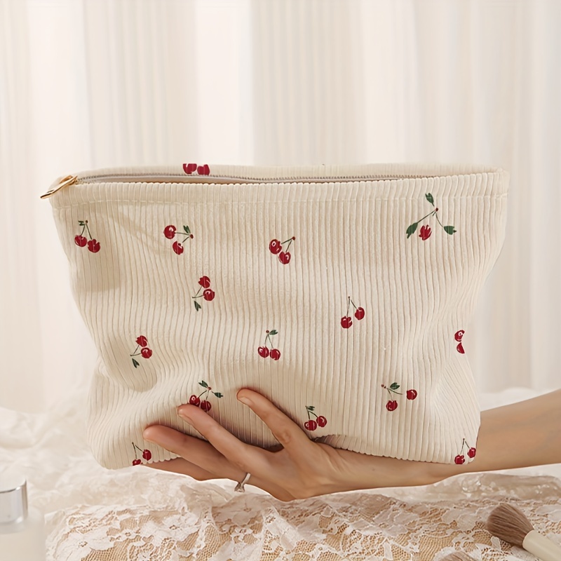 

Cherry Print Corduroy Zippered Cosmetic Bag With Inner Lining, Lightweight Polyester Makeup Pouch, Multifunctional Toiletry Organizer, Non- Unscented Beauty Storage