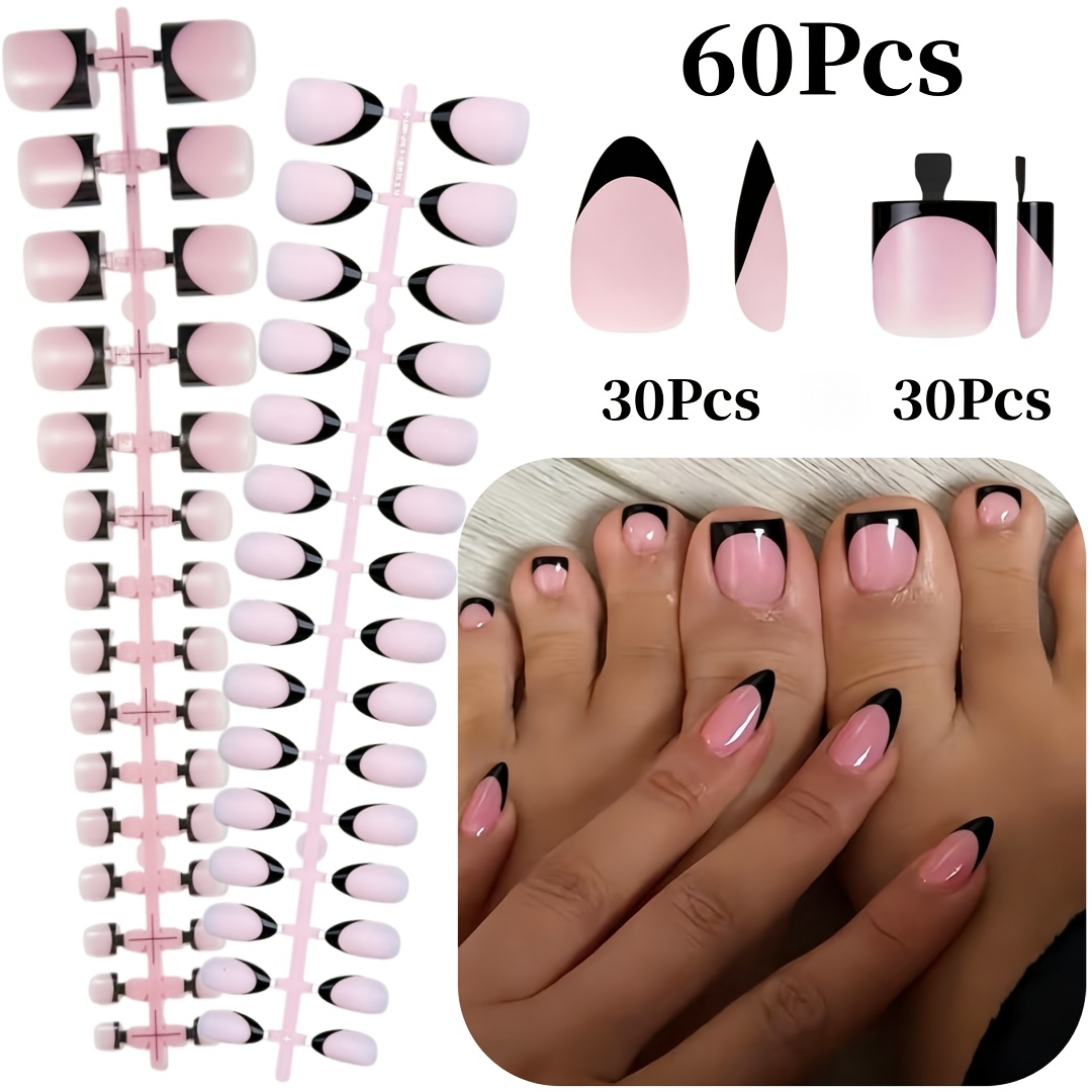 TEMU Set de 60 uñas postizas de puntas francesas cuadradas/almendradas cortas para dedos de manos y pies, uñas postizas francesas rosa/negras y , 15