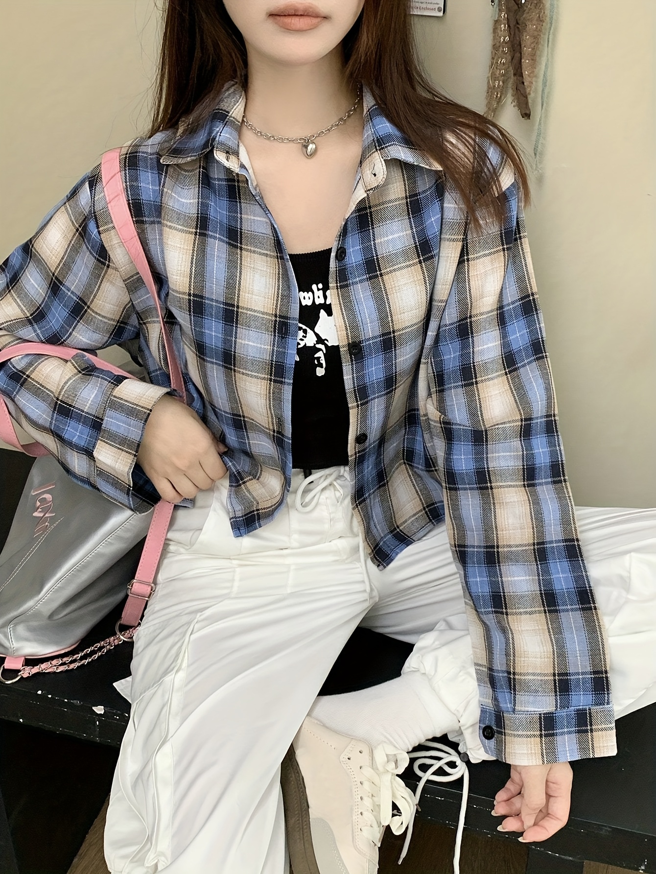 camisa mujer ajustada cuadros larga chaqueta corta Temu Mexico