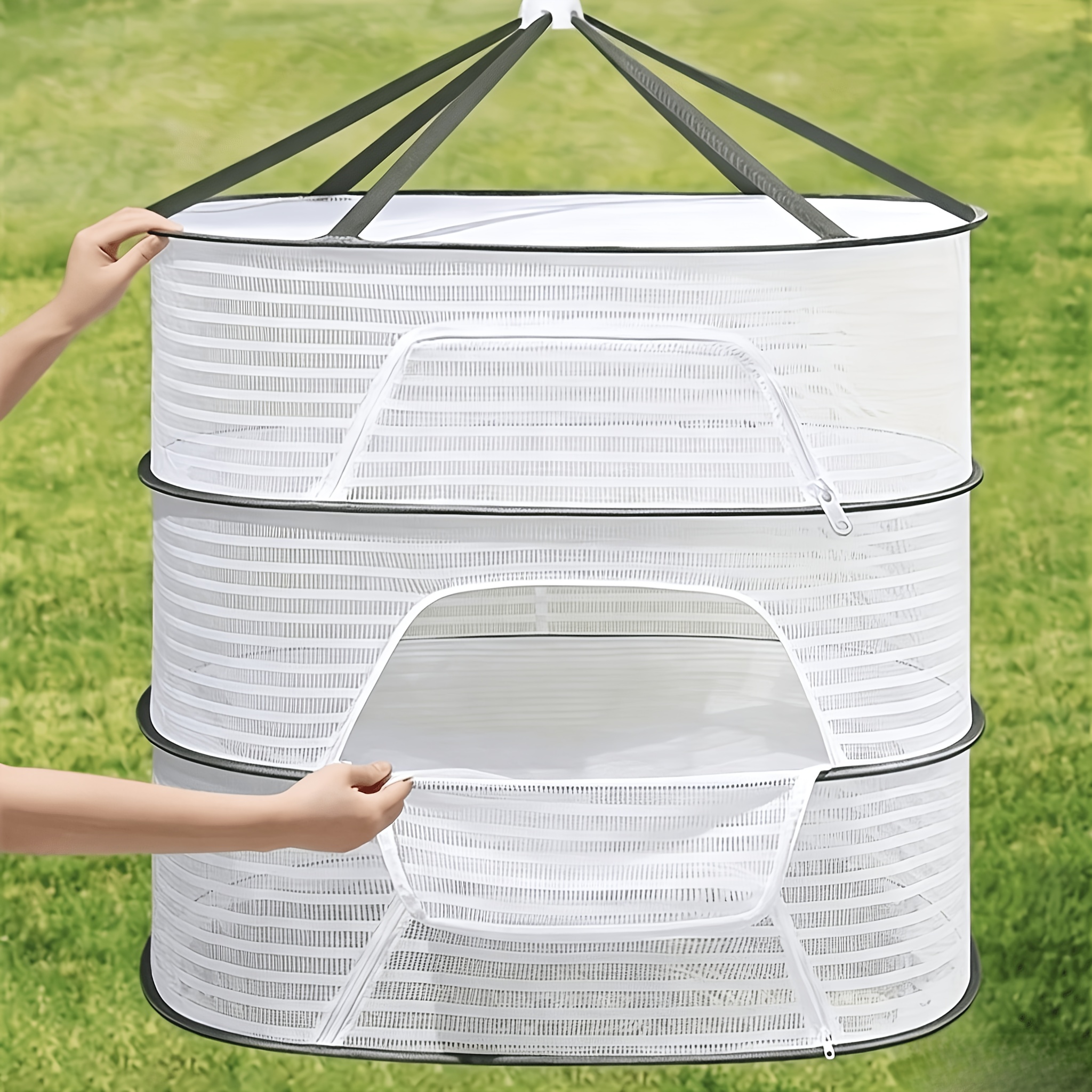 TEMU [laundry Basket And Drying Rack 2-in-1] 1 Pack 1-3 Layer Hanging Mesh Bags, Drying Rack, Foldable Hanging Mesh Bag With Zipper, Outdoor Drying
