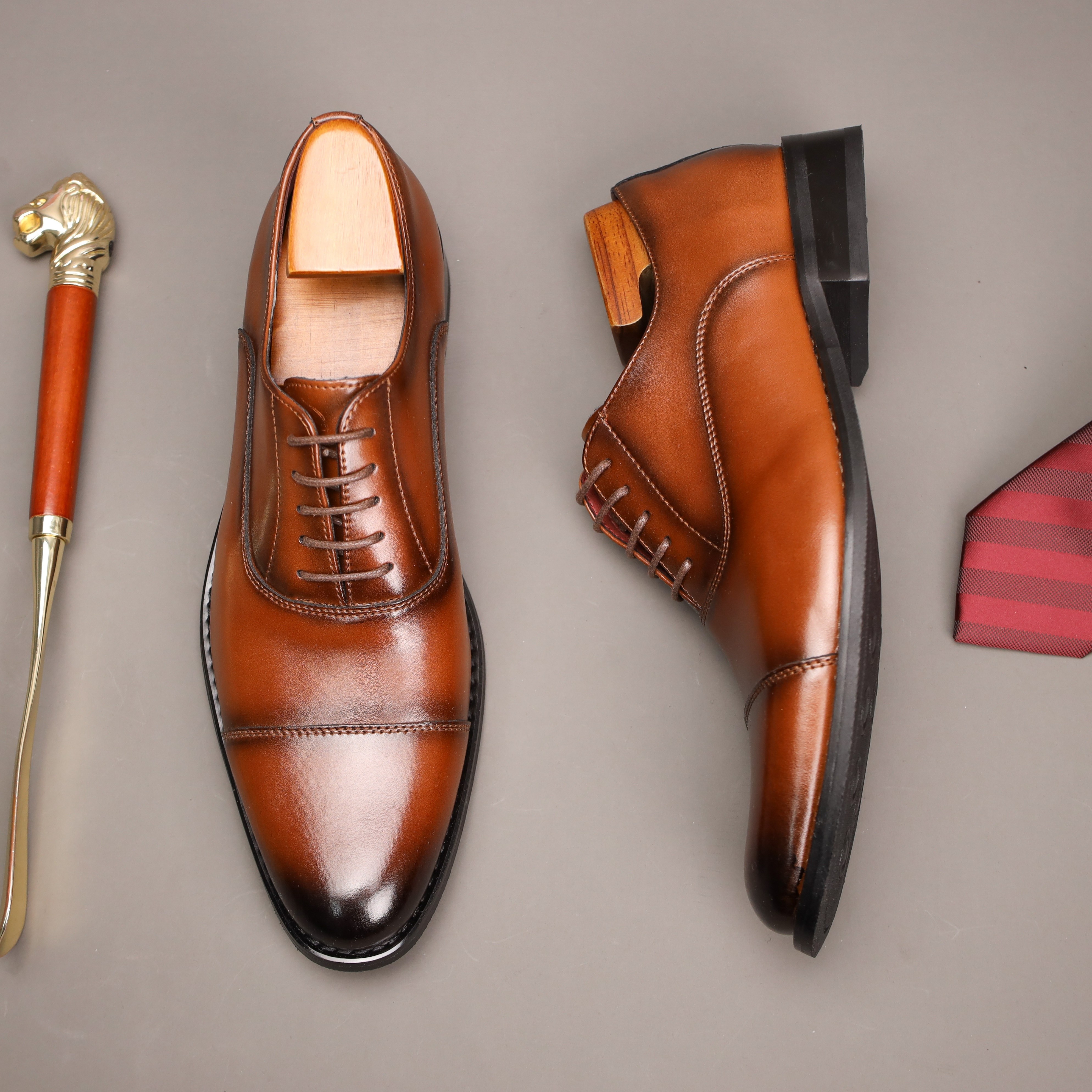 Men's Vintage Split cow Leather Solid Colour Cap Toe Oxford Shoes, Comfy Non Slip Durable Formal Shoes, Men's Business Footwear