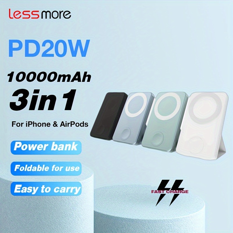 

Lessmore 10000mah Foldable And Portable Magnetic Wireless Power Bank Compatibility For Iphone/, Ideal For Gifts & Outdoor Emergency In A Of Colors