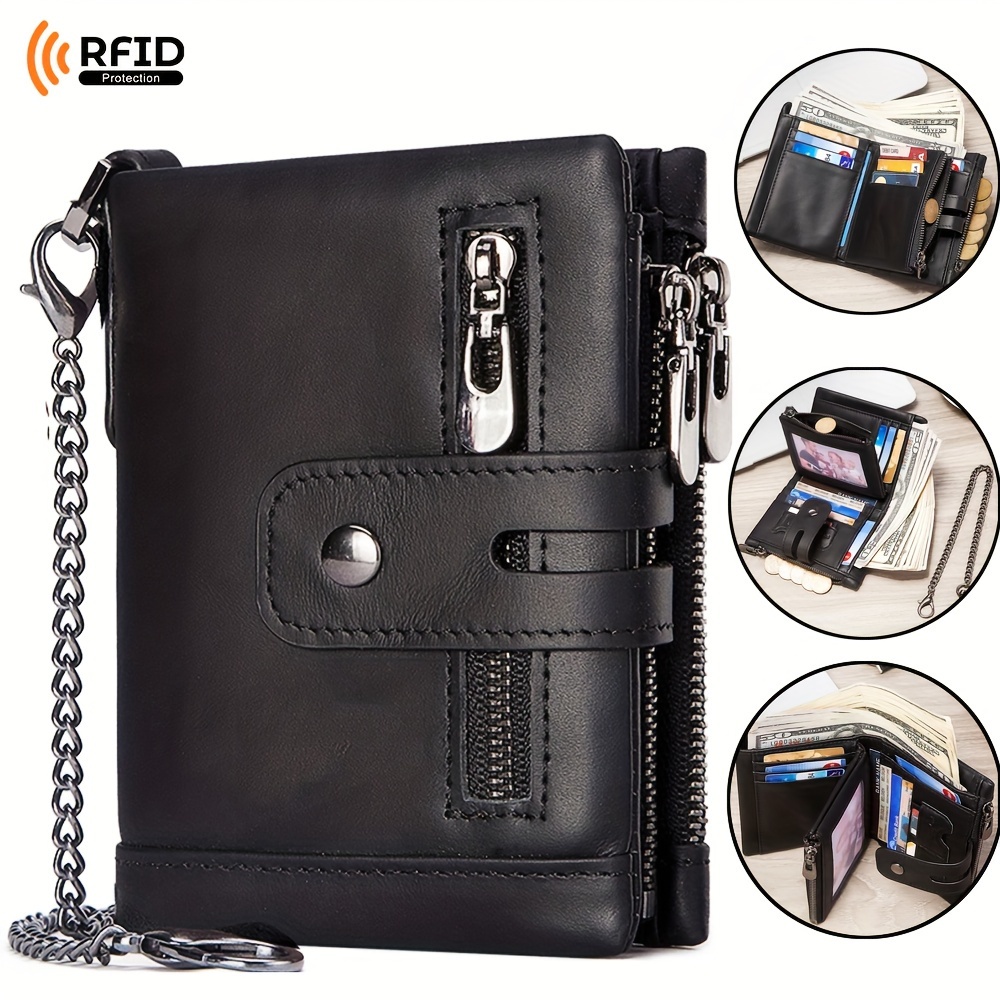 

Mens Wallet With Chain Genuine Leather Purse Rfid Blocking Bifold Double Zipper Coin Pocket With Anti-theft Chain