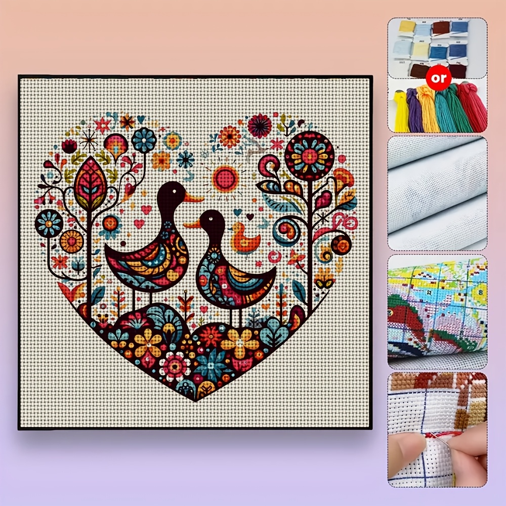 DIY Cross-Stitch Printed Kit 'Pair of Ducks, Flowers, and Birds'