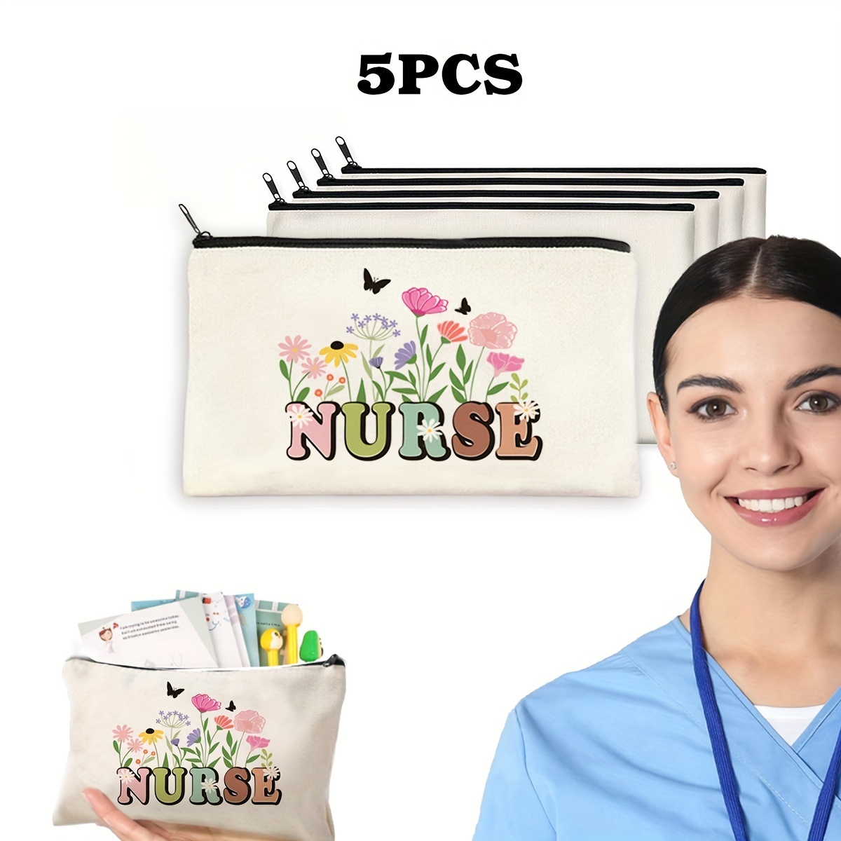 

5pcs Nurse Appreciation Canvas Tote Set - Zippered Storage Bags For Makeup, Jewelry, Snacks & More - Perfect Gift For Nurses On Thanksgiving, Christmas & Travel