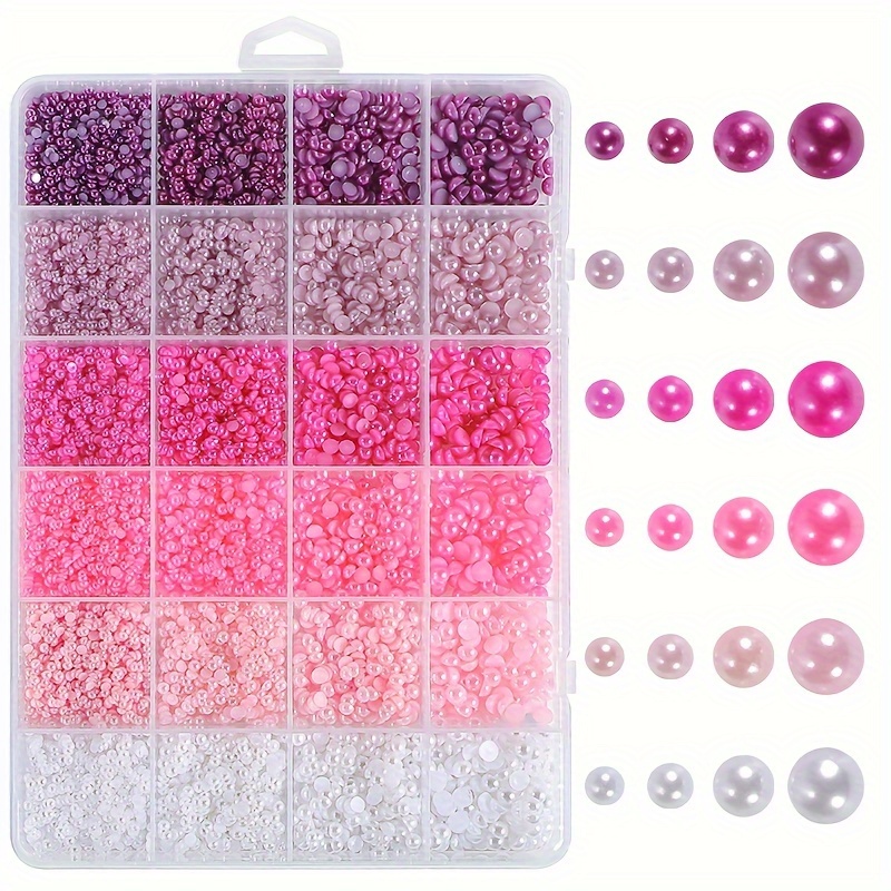

24 Grid Mixed Sizes Half Round Flat Back Faux Pearls, Nail Art Decorations, Diy Nail Accessory Set, Pink White Purple Assortment