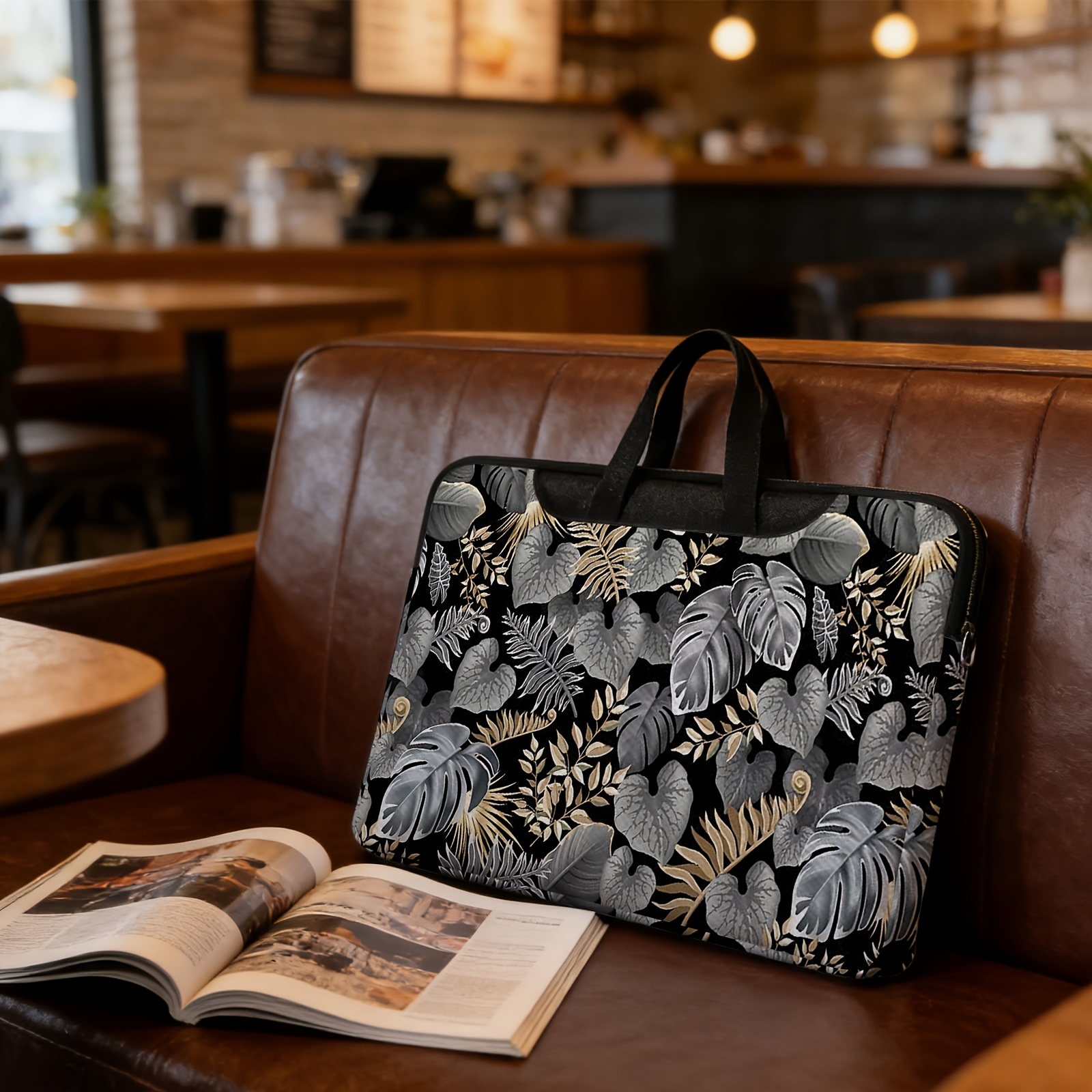 1pc portable laptop sleeve minimalist handbag for computer with golden and silvery   leaf print grey   pattern     laptop bag with zipper closure and hand handle business travel computer case