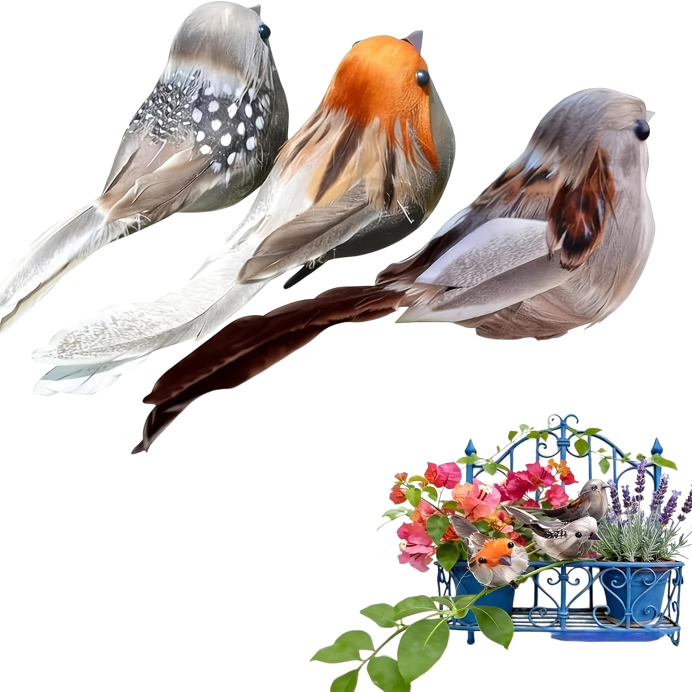 Feathered Birds Simulation 3pcs (random 3pcs Clip-on Birds, Random Colors)