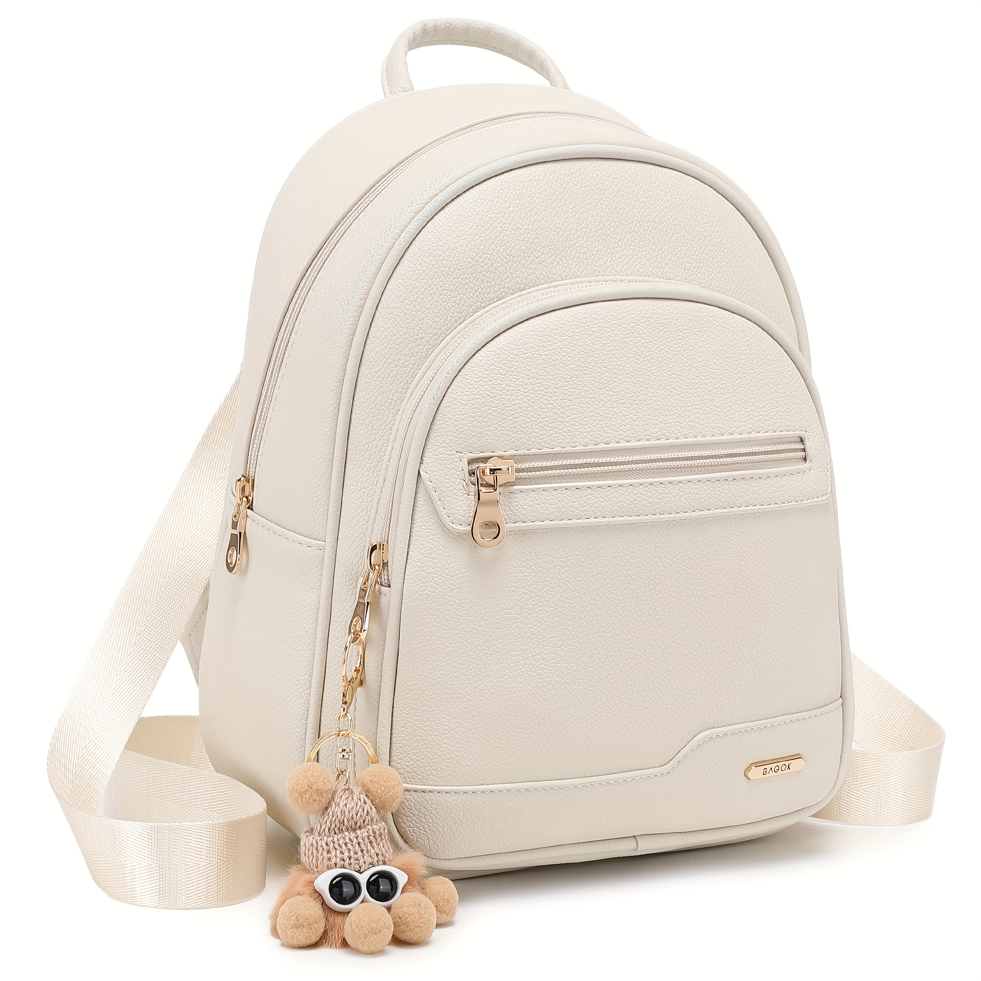 Image of Mini Daypack For Women: Lightweight Pu Backpack With Free Plush Charm - Adjustable, Easy-clean, Scratch-resistant - Compact Purse For College, Office, Travel - Gift Her (black/apricot/beige/burgundy)