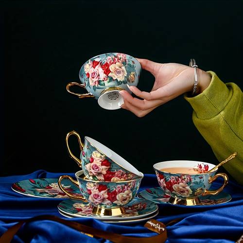 european style luxurious and elegant bone china coffee cup set tea cup sets red rose series design 7oz 3pcs set matching cups saucers and spoons hand wash