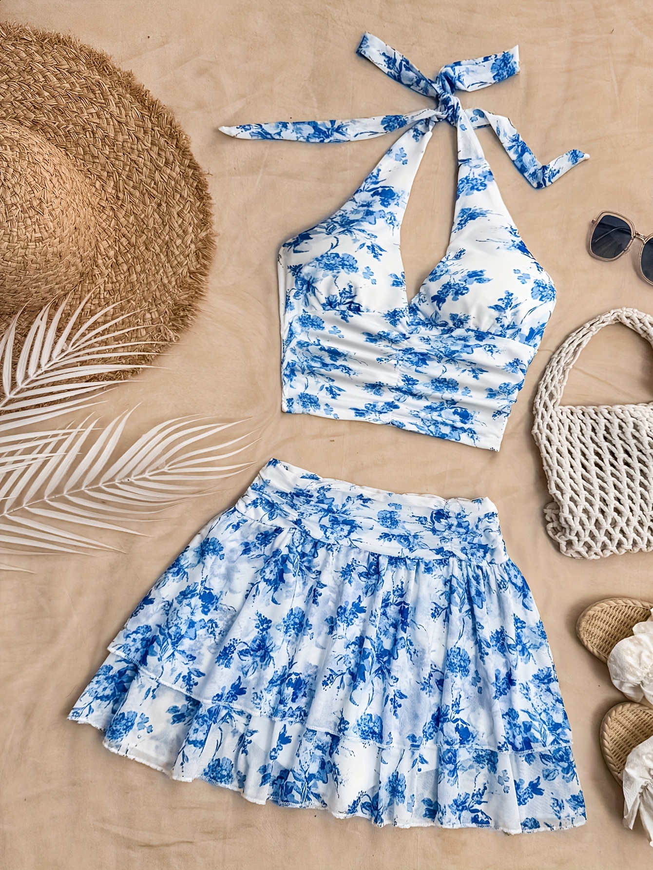 Women'S Halter V-Neck Top Tiered Skirt Set Light Blue Floral Print  with Hem, Sleeveless Summer Outfit for Vacation Date