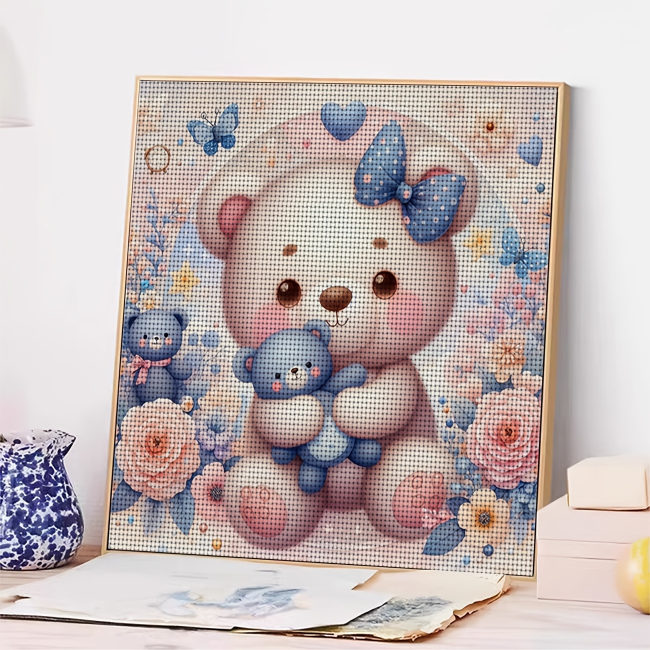 DIY Cross-Stitch Printed Kit, White Bear Hugging a Blue Cub Design