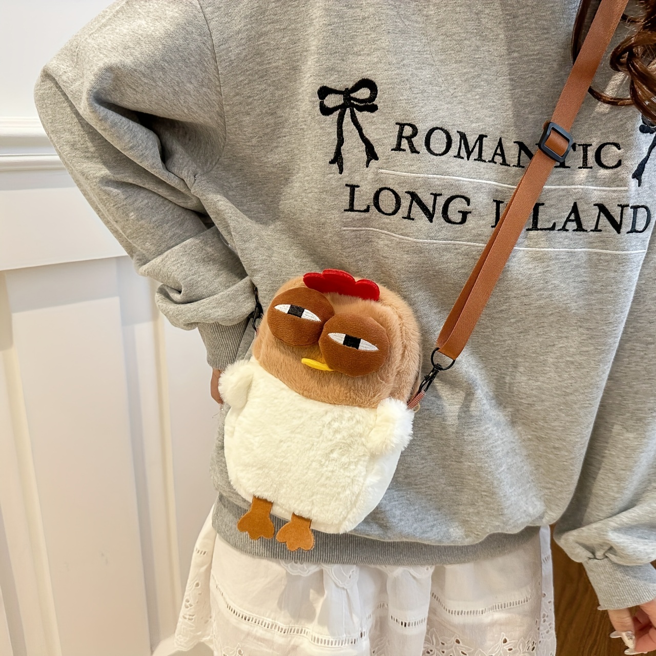 Bolsa bandolera de peluche de dibujos animados, diseño de pollito lindo, bolso de hombro de moda para mujer, bolso de muñeca feo novedoso, regalo de cumpleaños, material de algodón, blanco, cierre de cremallera, forro de poliéster, sin cuidado de lavado.