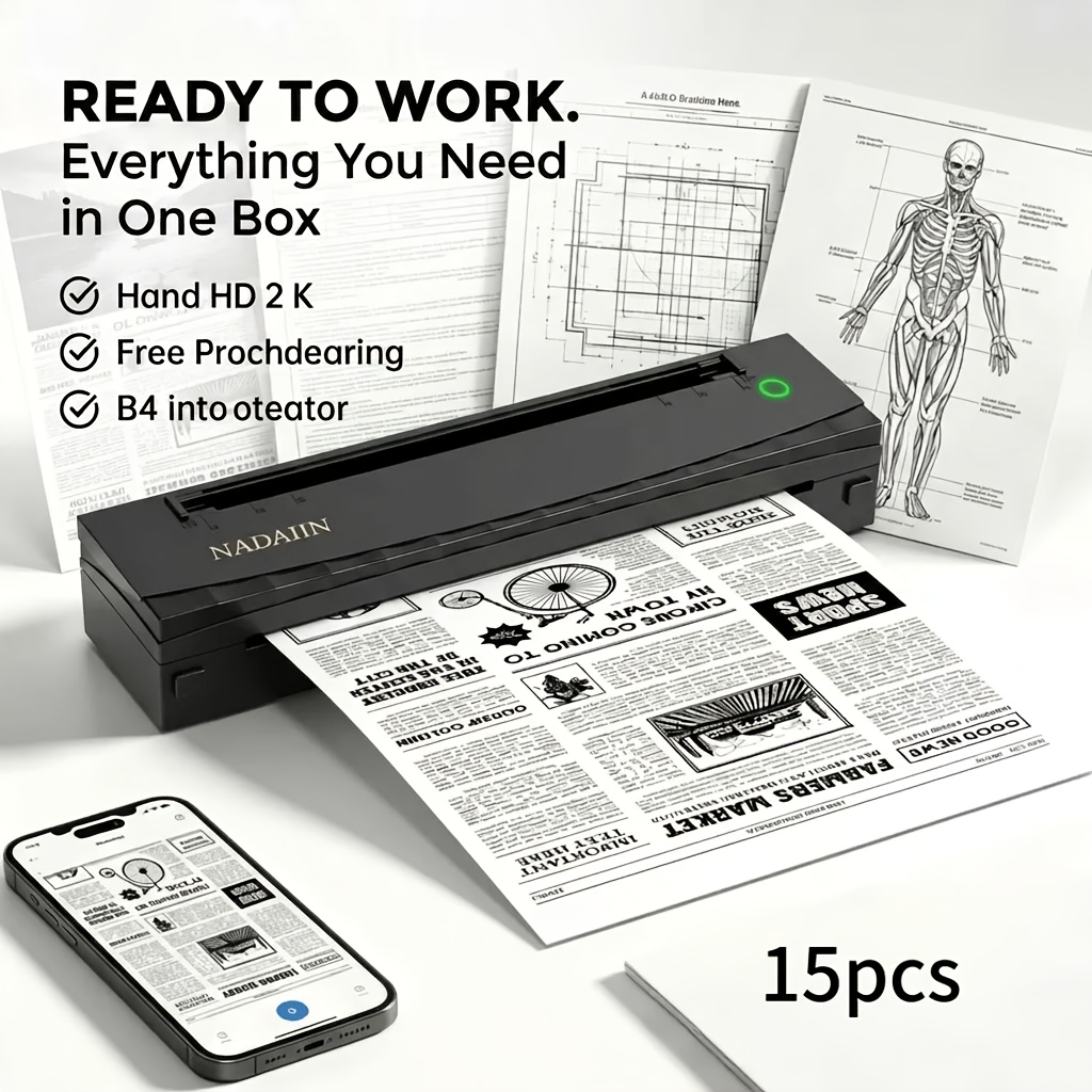 TEMU Portable A4 Thermal Printer, Comes With 15 Sheets Of Paper, Suitable For Photos, Notes, And Letter Paper; Connects To Smartphones, Laptops, And