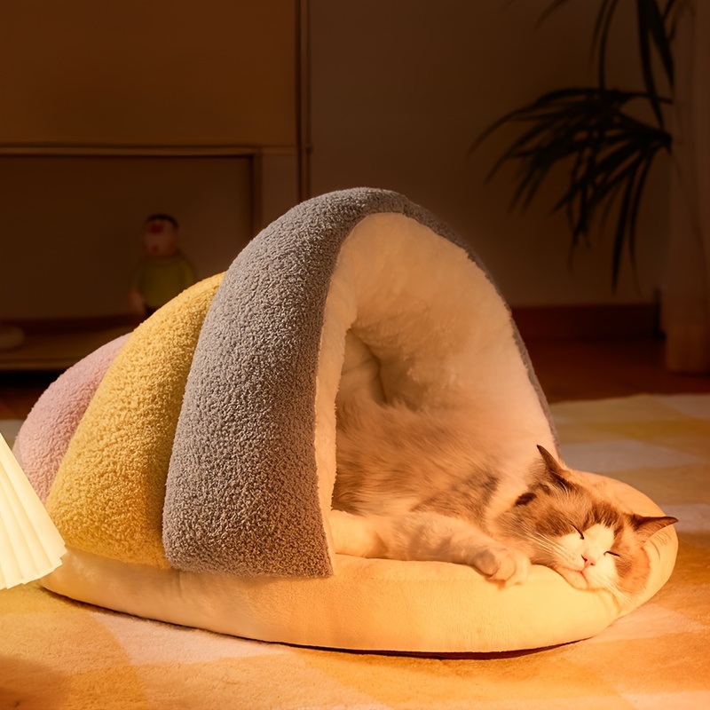 1pc cozy contemporary cat bed cave soft polyester fiber pet bed with warm blanket indoor cat and small dog house easy assembly comfortable sleeping nest for kittens and puppies Product details 0