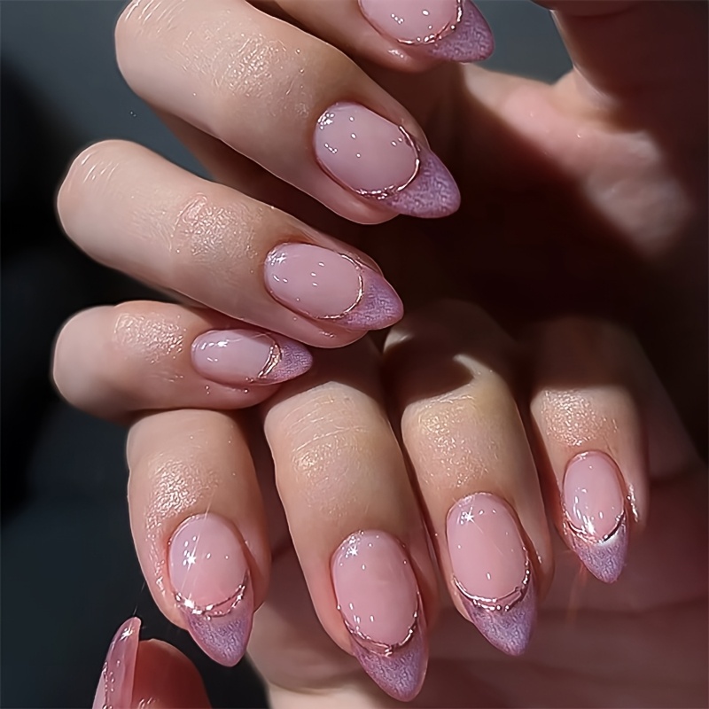 24 Künstliche Fingernägel Kurz Mandelform – French White Tip Mit Glitzer, Silber, Zum Aufkleben, Inkl. Zubehör