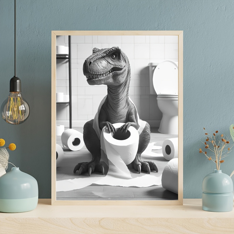TEMU 1pc Whimsical Bathroom Art Print - 30.48x40.64 Cm Unframed Canvas Wall Decor, Humorous Dinosaur Toilet Poster For Bathroom, Dinosaur Lover Gift,