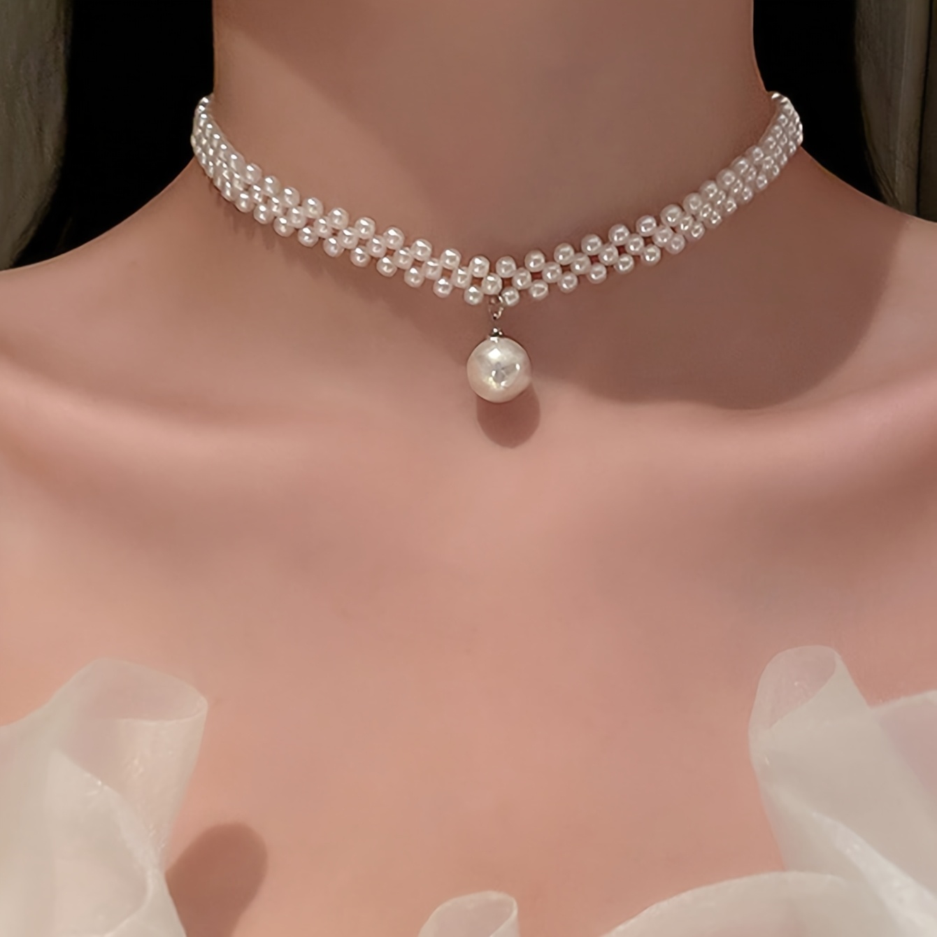 2pcs Elegant White Beaded Bow Jewelry Set, Necklace & Earrings