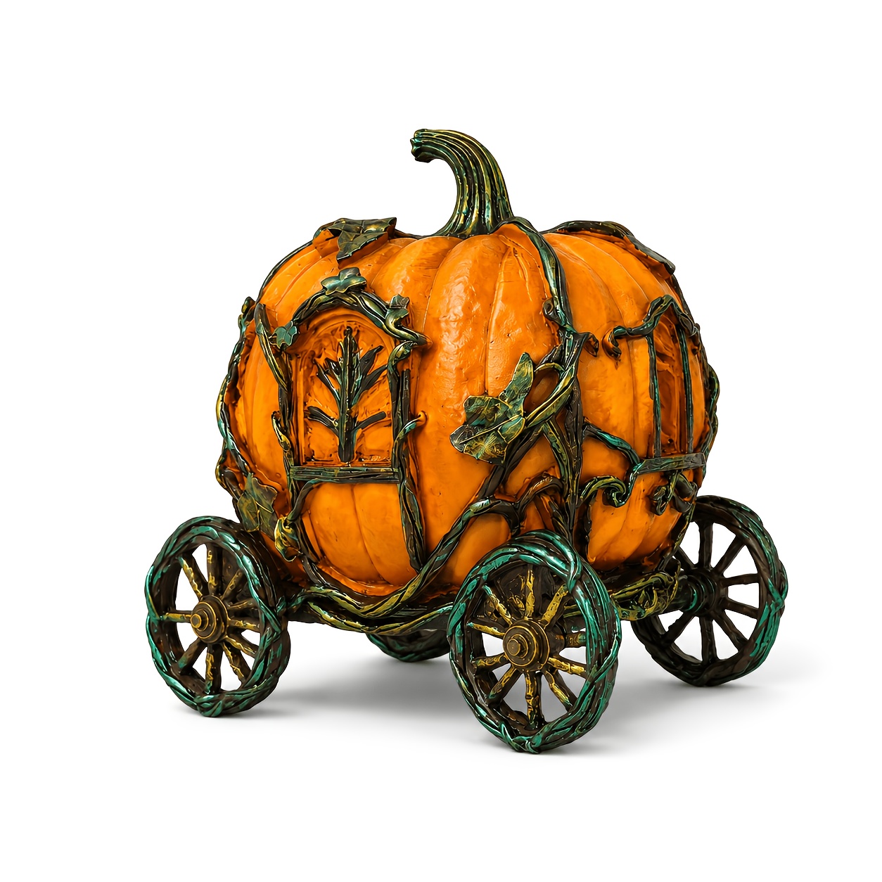 TEMU Halloween Resin Decor, Vintage Rust Finish Pumpkin Wagon Figurine, Gothic Fairy Tale Pumpkin Ornament, Resin Art Sculpture With Metal Vine