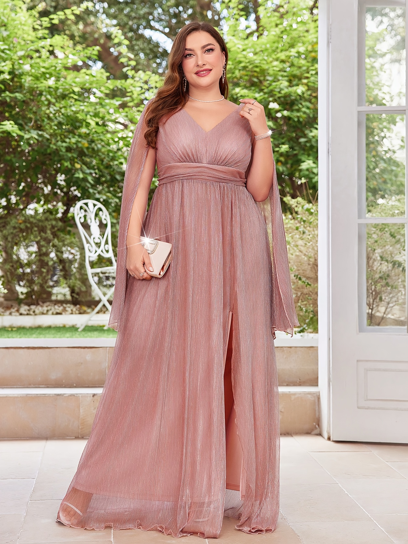 plus size v neck dress chest ruffle slit design women's